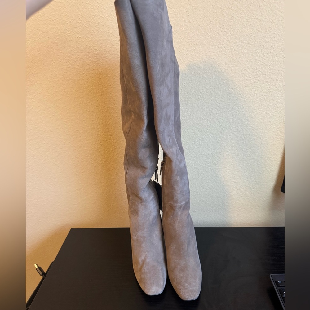 Zara Women's Leather Over-the-Knee Heel Boots in Gray